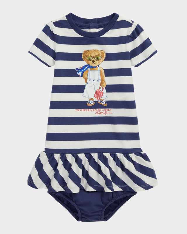 Girl's Striped Polo Bear Drop Waist Dress, Size 3M-24